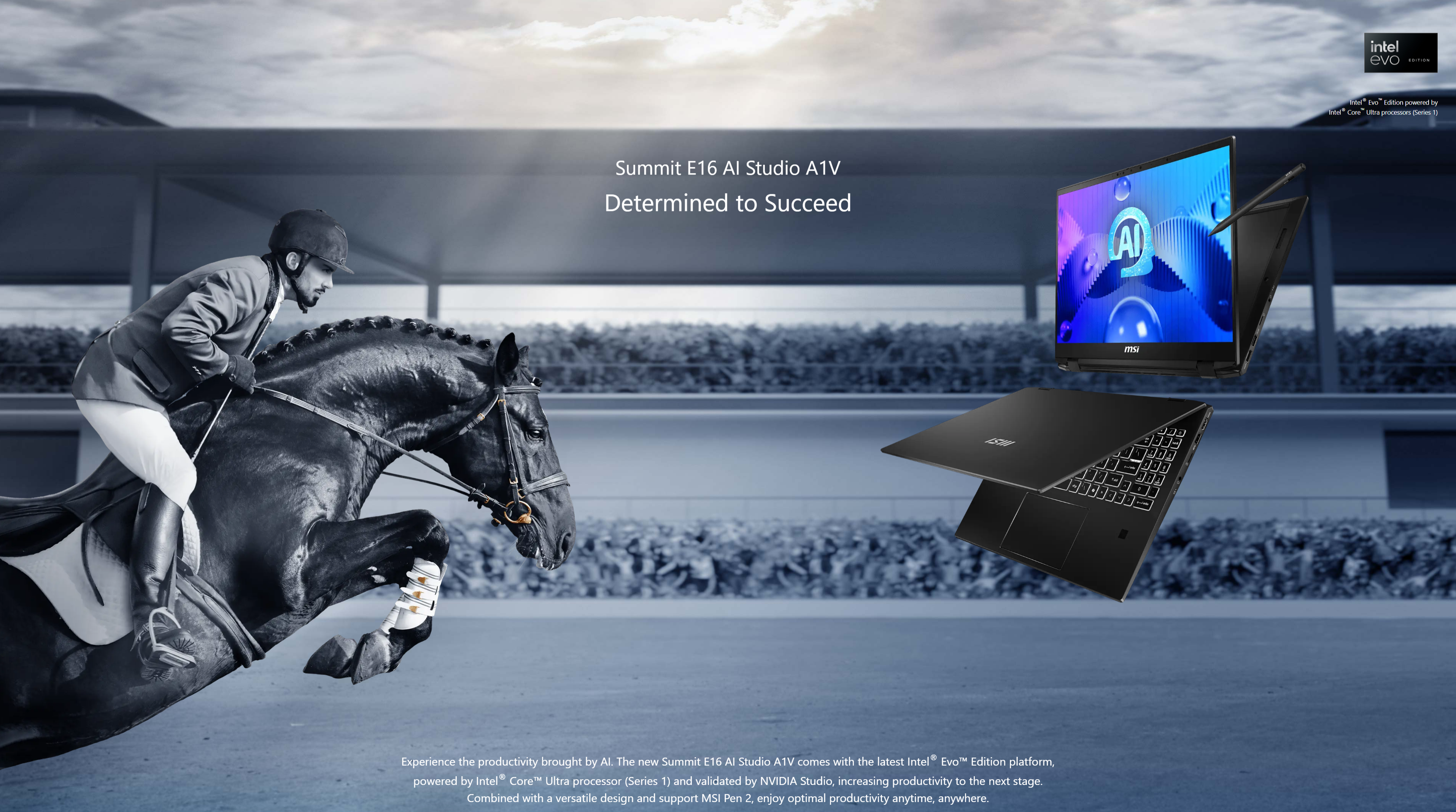 A large marketing image providing additional information about the product MSI Summit E16 AI Studio (A1V) - 16" 165Hz, Core Ultra 7, RTX 4050, 16GB/2TB - Win 11 Notebook - Additional alt info not provided